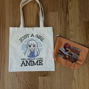 Anime Lot-Just A Girl Who Loves Anime Tote Bag And Makeup/pencil Pouch Unbranded
